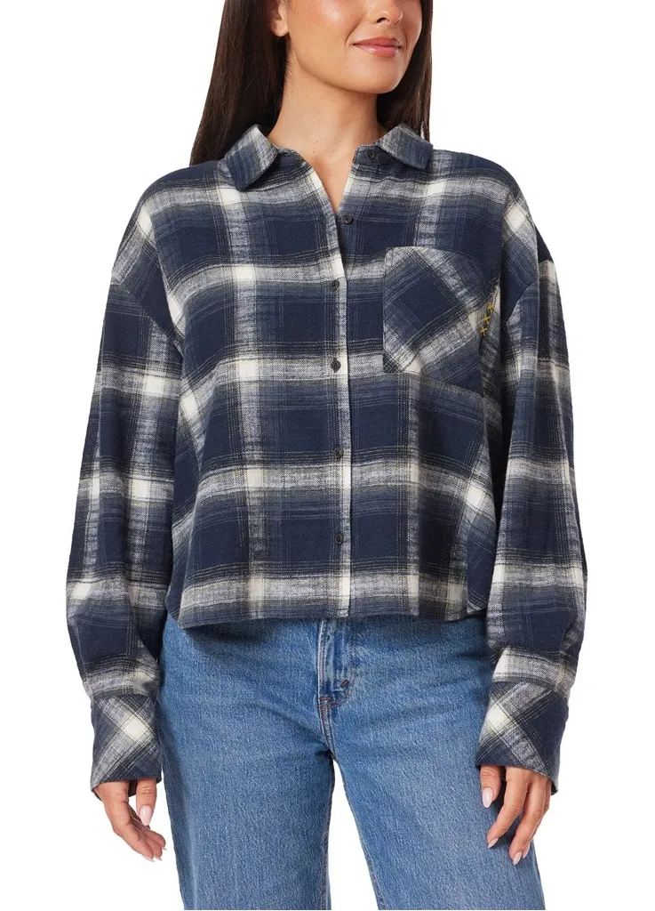 Scotch & Soda Dark Blue Plaid Boxy Button Down Flannel Shirt Size Size Medium - Image 1