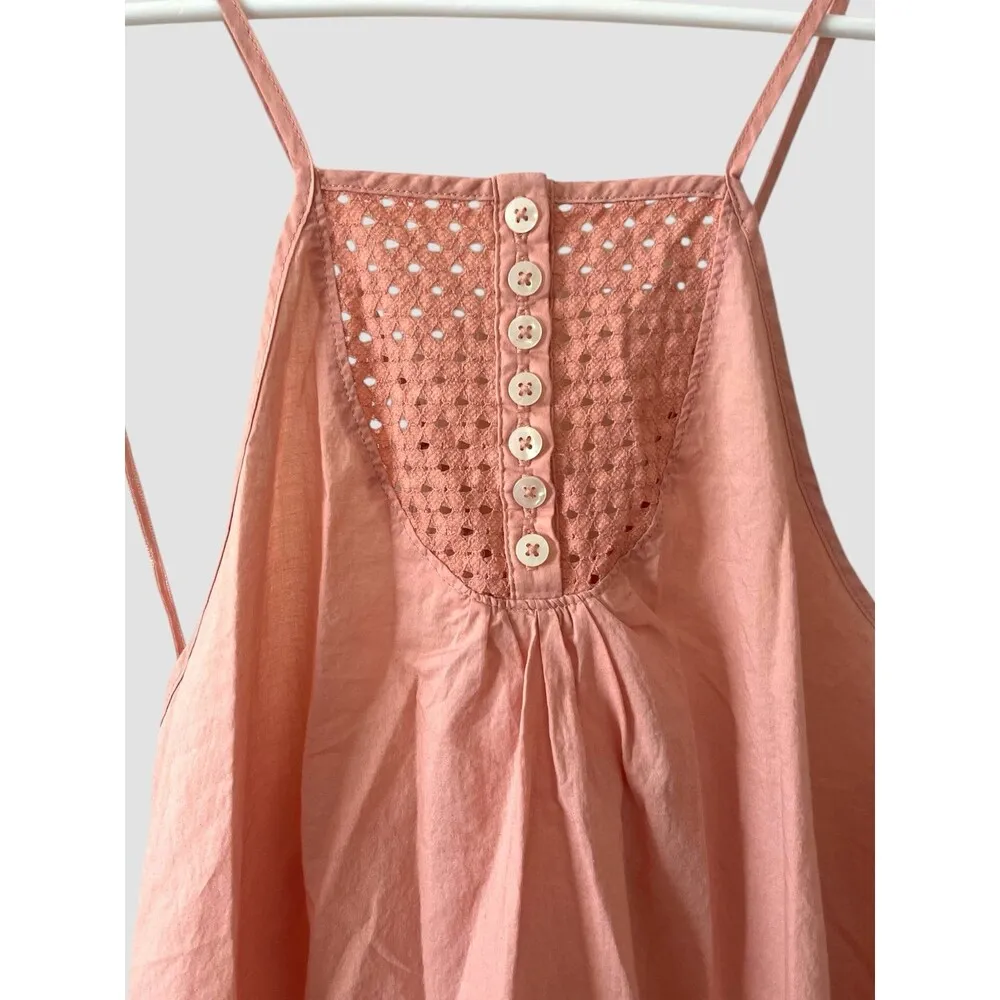 Free People Calico Cotton Trapeze Eyelet Top Dress Women’s size Small Coral Pink - Image 3