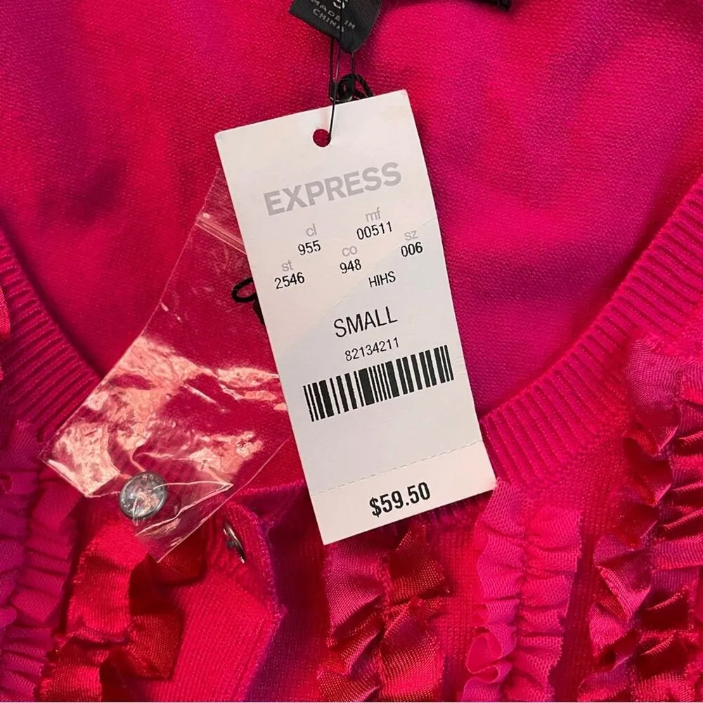 Express Y2K Pink fuchsia tiny fit Ribbon Tulle Rhinestone Cardigan Sweater S new - Image 9