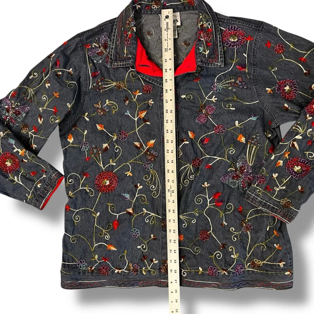 Vtg 90s Quaker Factory Jacket Beaded And Embroidered Womens L Blue Art To Wear - Image 7