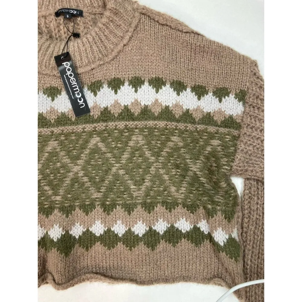 New Papermoon Sweater Women’s Size S Brown Green Crop Boxy Fair Isle Chunky Knit - Image 6