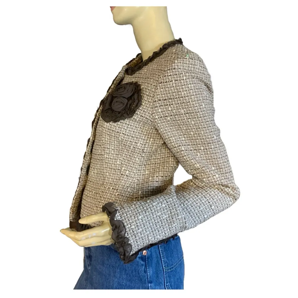 ANNE KLEIN BROWN & BEIGE TWEED W/CHIFFON TRIM WOOL BLEND BLAZER (4) - Image 3