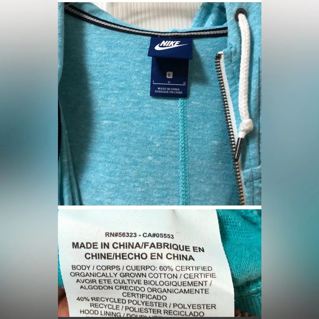 Nike Zip Hooded Sweatshirt, Turquoise, Size Large - Image 3