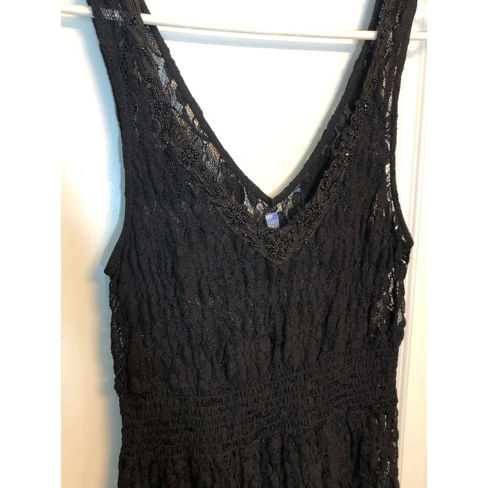 Free People sheer black floral lace mini dress with a beaded v-neck - Image 7