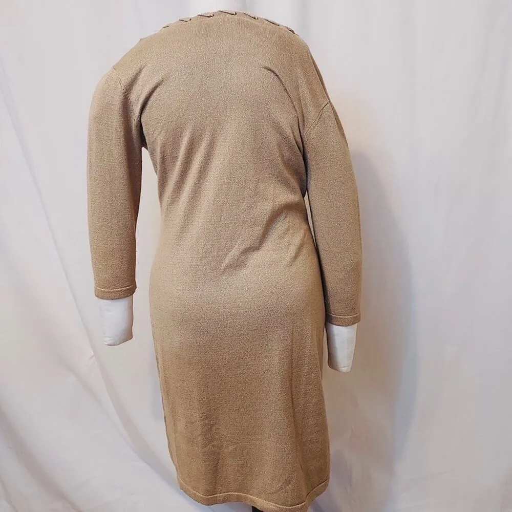 Allison Brittney Sparkly Metallic Gold Lace Up Bodycon 3/4 Sleeve Sweater Dress - Image 3