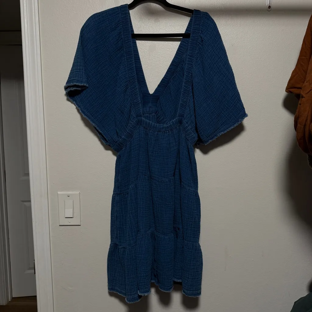 Aerie American eagle pool to party flutter sleeve dress deep v neck blue - Image 2