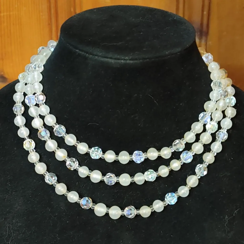 Multi Strand Necklace Aurora Borealis Vintage 3 Strand Crystal Glass Faux Pearl White Size 12 - Image 7