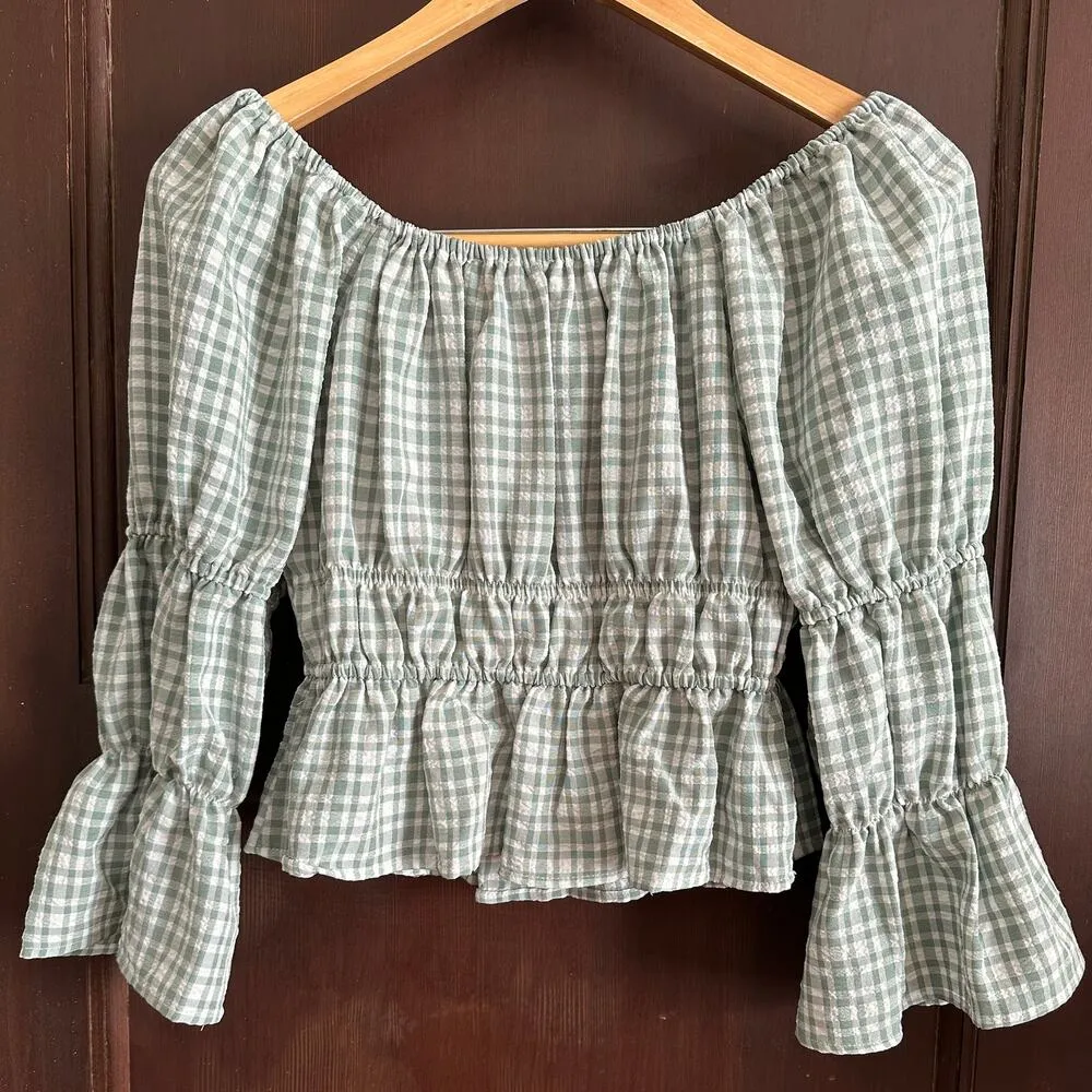 WAYF | Green Gingham Off Shoulder Peasant Shirt - Light Sage | Size Medium - Image 4