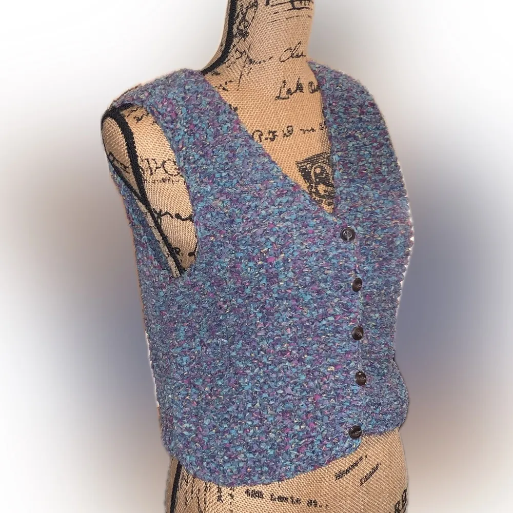 Vintage 90s Rag Knit Colorful Crochet Cotton Cropped Cardigan Sleeveless Vest S Blue - Image 10