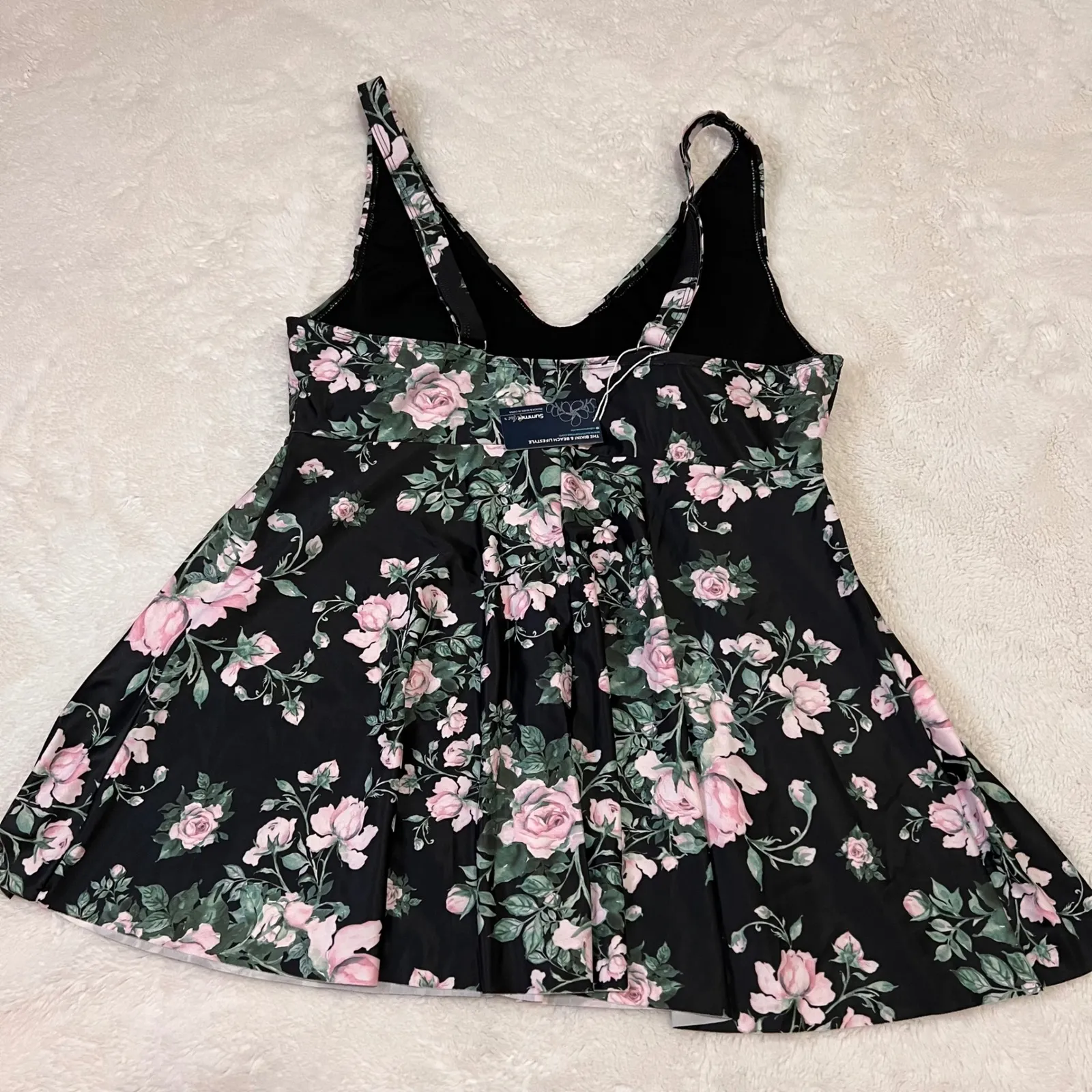 Summer Mae Black Floral Rose Print Swim Dress Tunic Flounce Skirt Size 16 NWT - Image 7