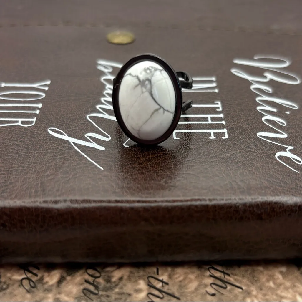 Handmade Howlite Stone Ring on Black Stainless Steel Adjustable Band - Image 5