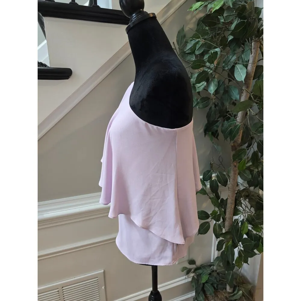 Womens Blouse Top Pink Solid Lined Layered Trim Breathable One Shoulder Off SM - Image 7