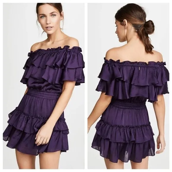 Misa Giada Purple satin ruffle dress off shoulder - Image 2