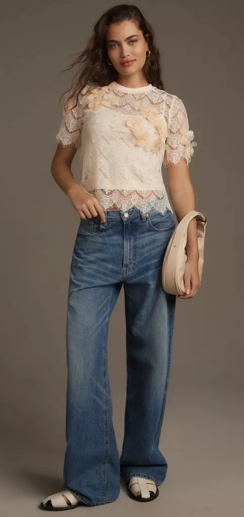 Anthropologie Sunday in Brooklyn Short Sleeve Embellished Lace Top Medium Boho - Image 1