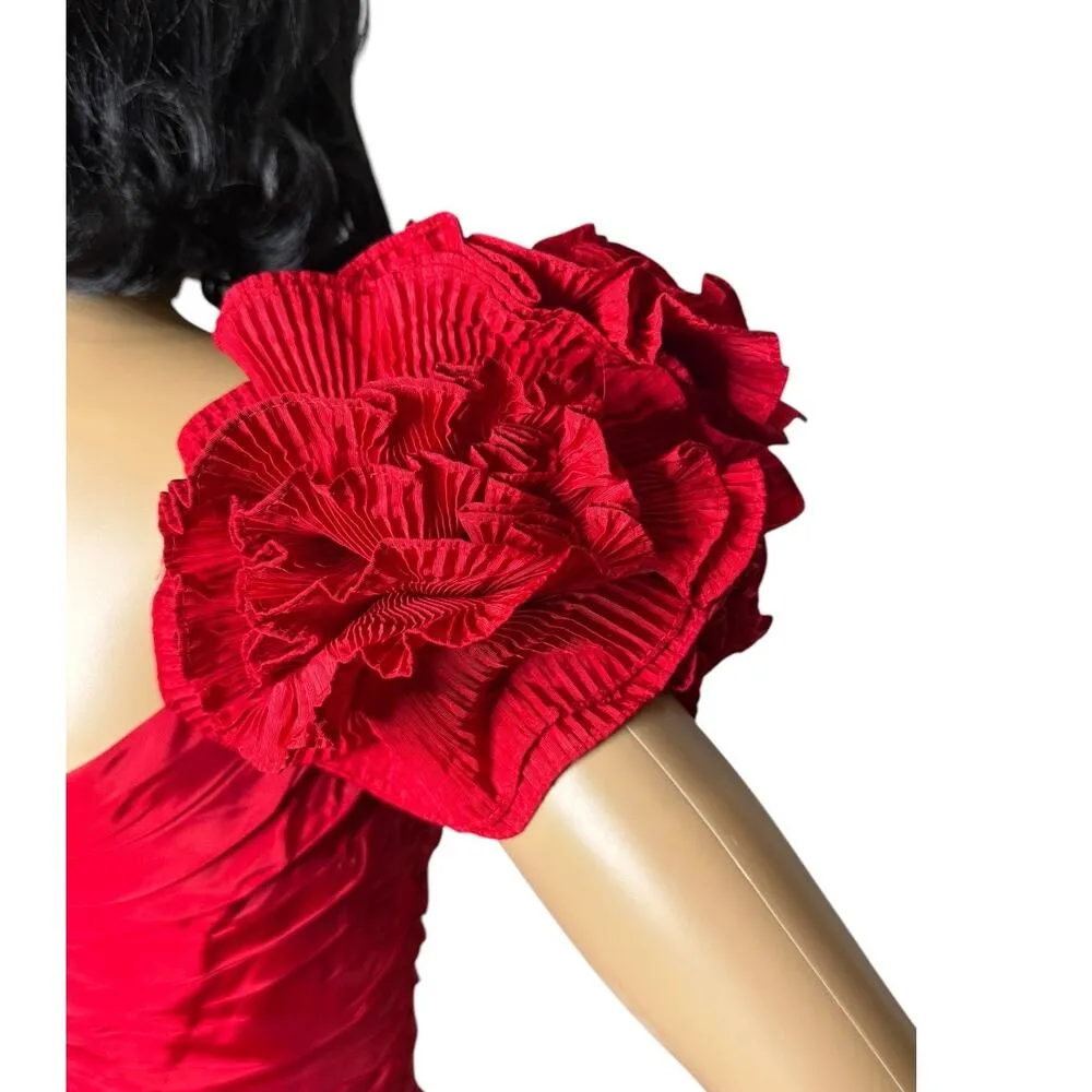 Vintage 80s Tadashi Red Taffeta Pleated Puff Sleeve Cocktail Dress size 2-4 - Image 5