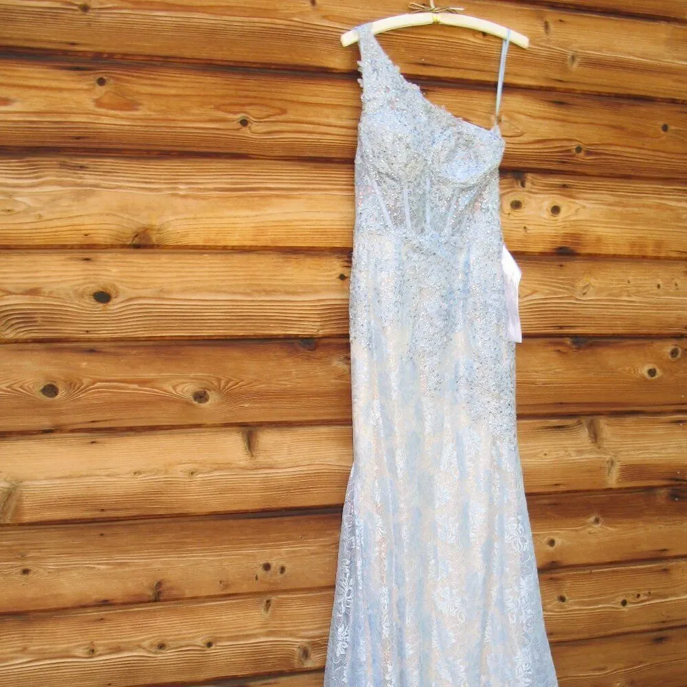 Mac Duggal 48910 Womens Blue One Shoulder Lace Trumpet Gown Dress - Image 9