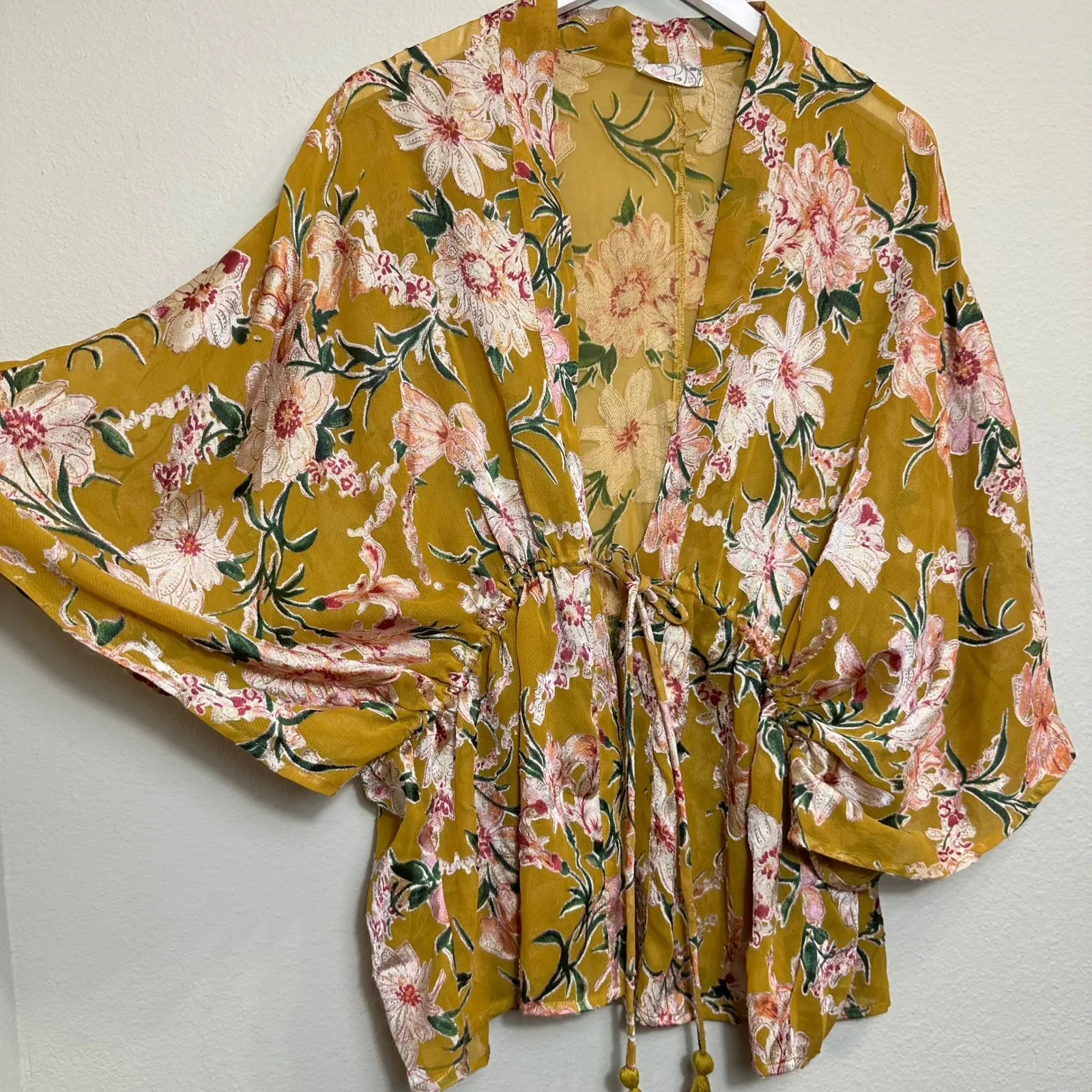 Free‎ People Only In Dreams Burnout Kimono Women's OS Gold Tie Waist Sheer Top - Image 4