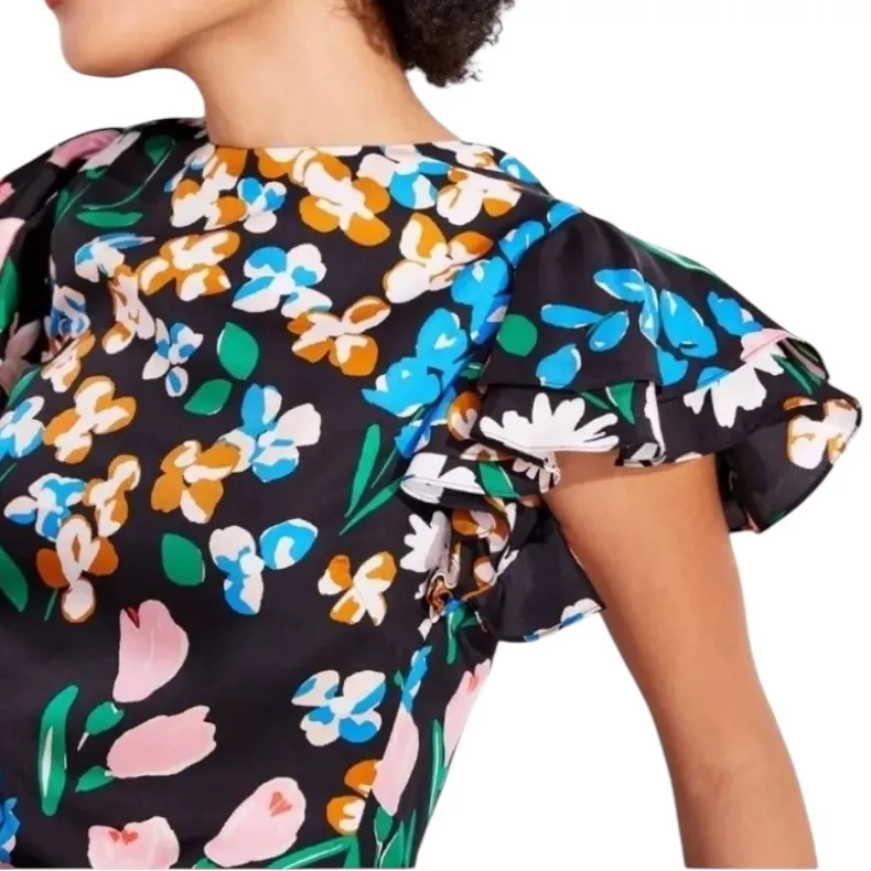Kate Spade Silk Twill Meadow Floral Sheath Mini Dress In Black Multicolor Size 4 - Image 4