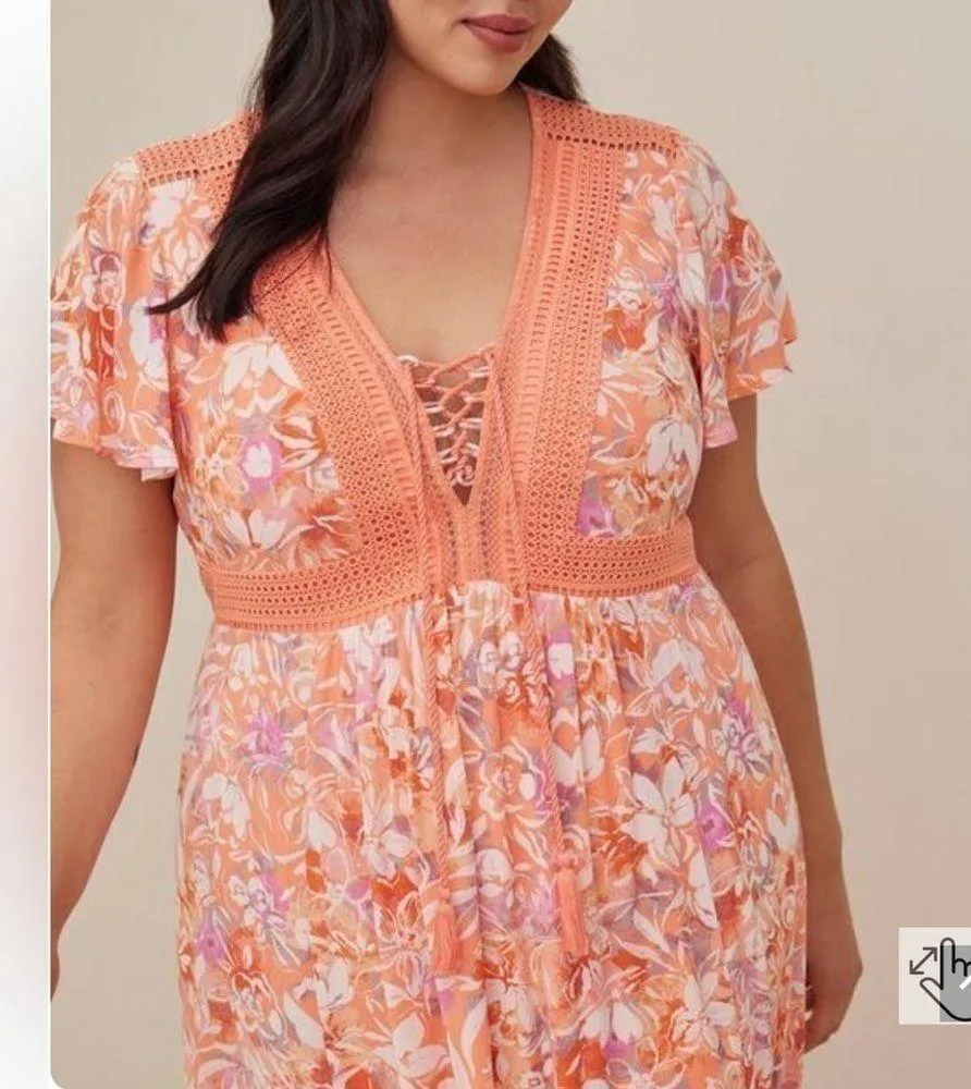 Torrid Lace Up Tea Length Dress - Crinkle Gauze Floral Coral - Image 2