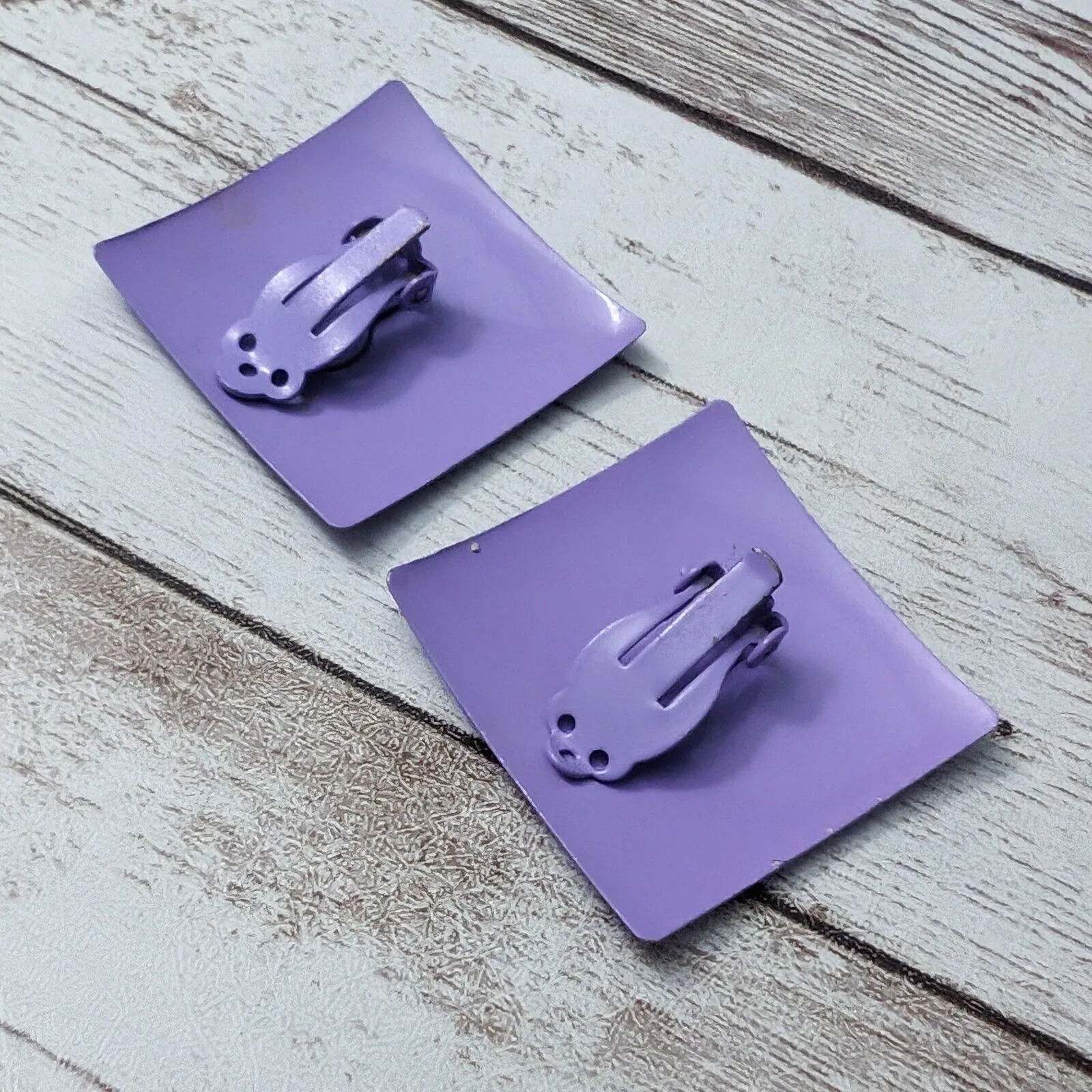 Vintage Clip On Earrings 1.25" Very Large Purple Squares Retro Statement - Image 6