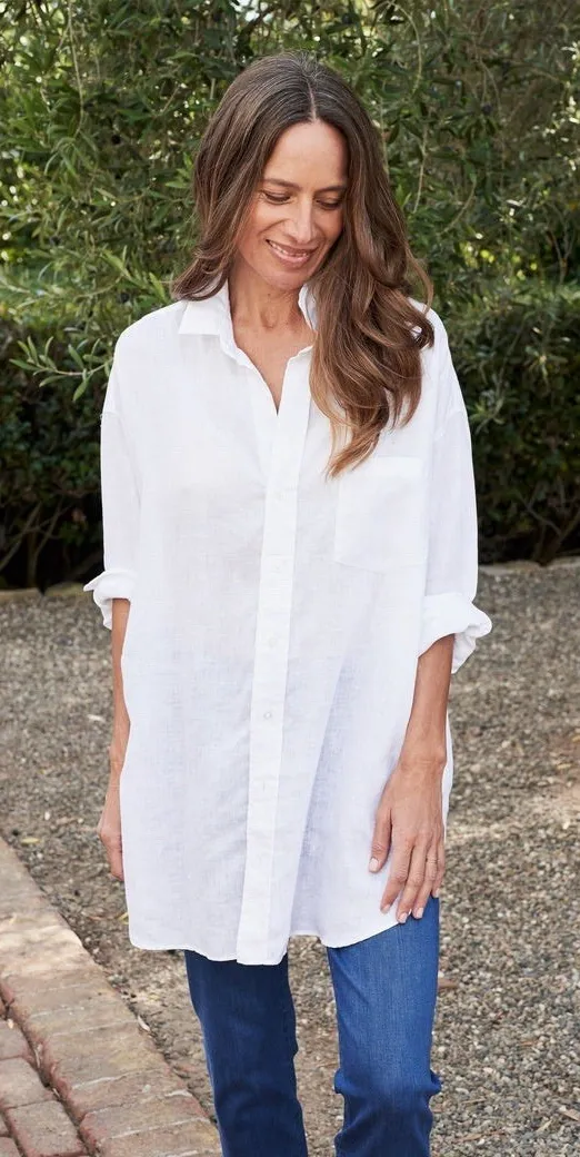 Frank & Eileen MacKenzie Button Up Shirt in White Linen Coastal Boho One Size - Image 1