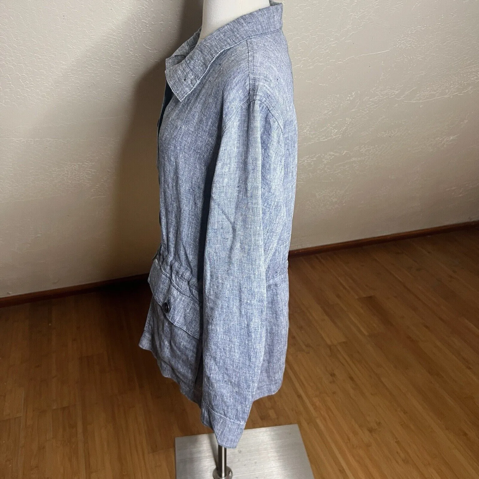 Lands End Cinch Waist Utility Jacket Womens L Blue Linen Chambray Button Up - Image 9