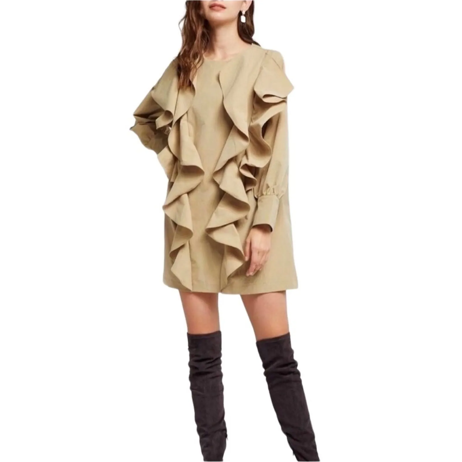 STORETS Double Ruffle Mini Dress-Tunic S/M Tan Coquette Boho Chick Fairy Party - Image 10