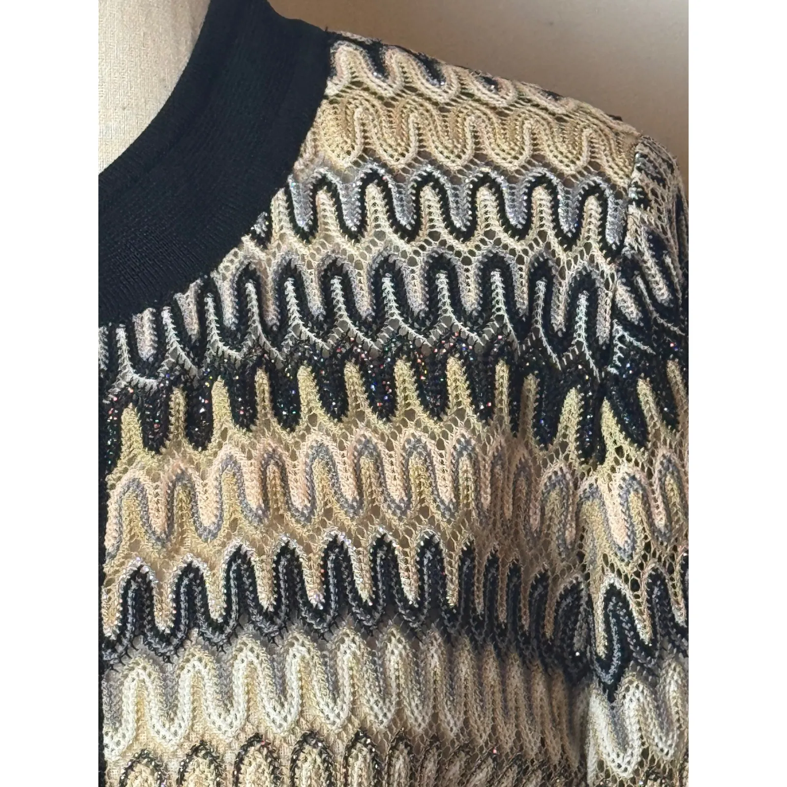 Misook Sweater Women XS Black Tan Knit Geometric Sparkle Open Long Line Cardigan - Image 7