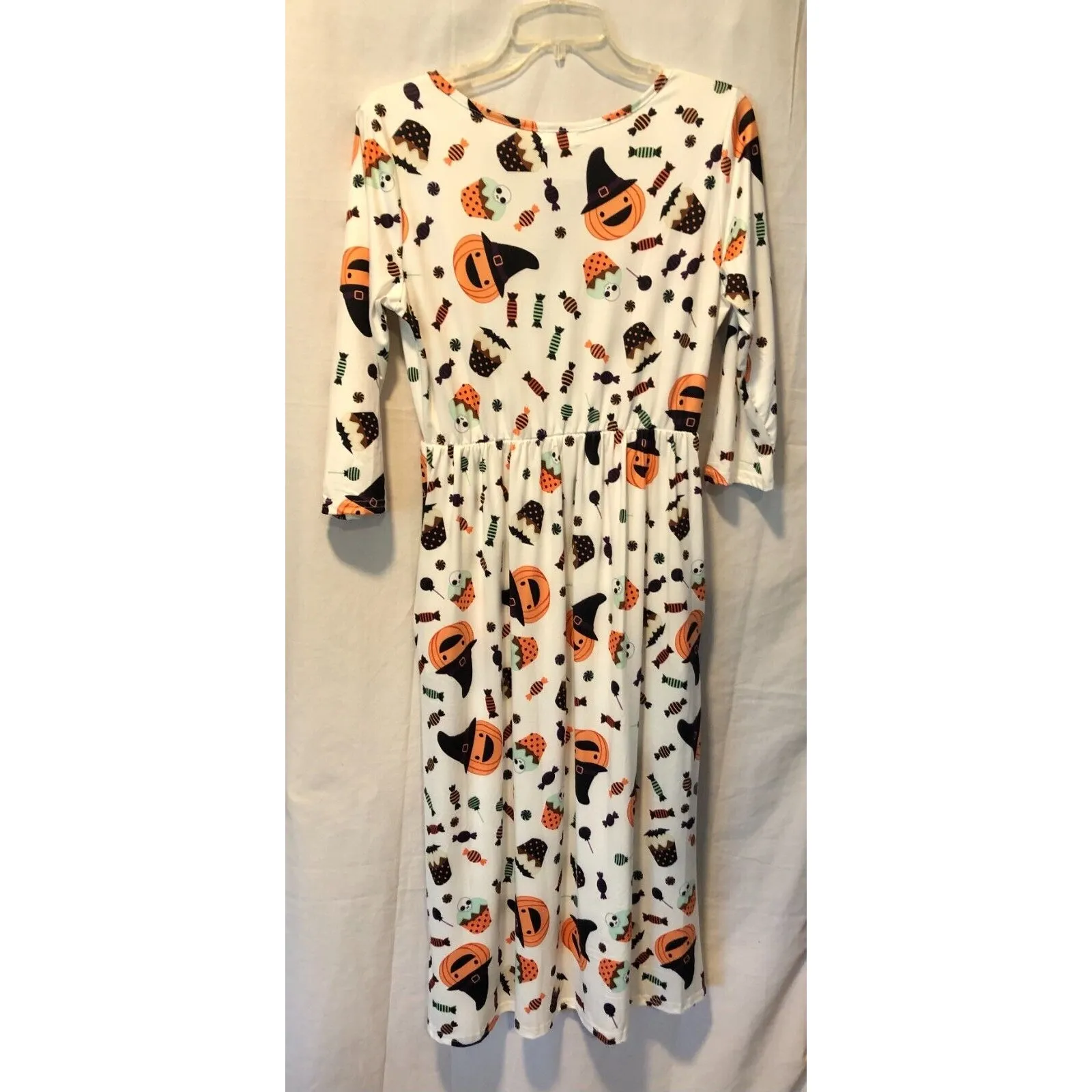 Naggoo Halloween Dress Pumpkins Ghosts Candy Bats Stretch NWT New Sz S Fit Flare White - Image 5