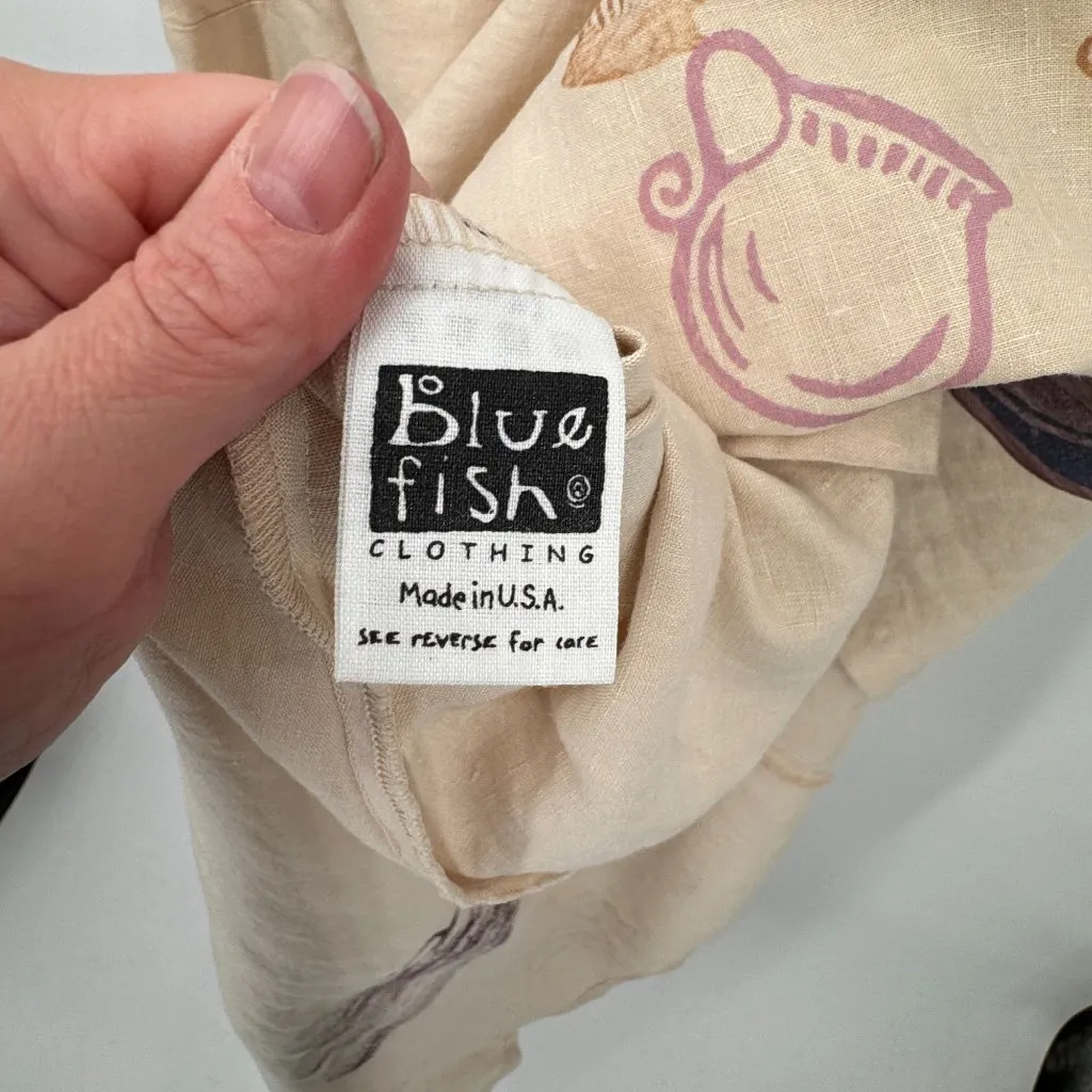 Blue Fish VTG 1999 Maxi Dress Womens XL Tan‎ Linen Coffee Tea Pot Print Pocket Tan - Image 8