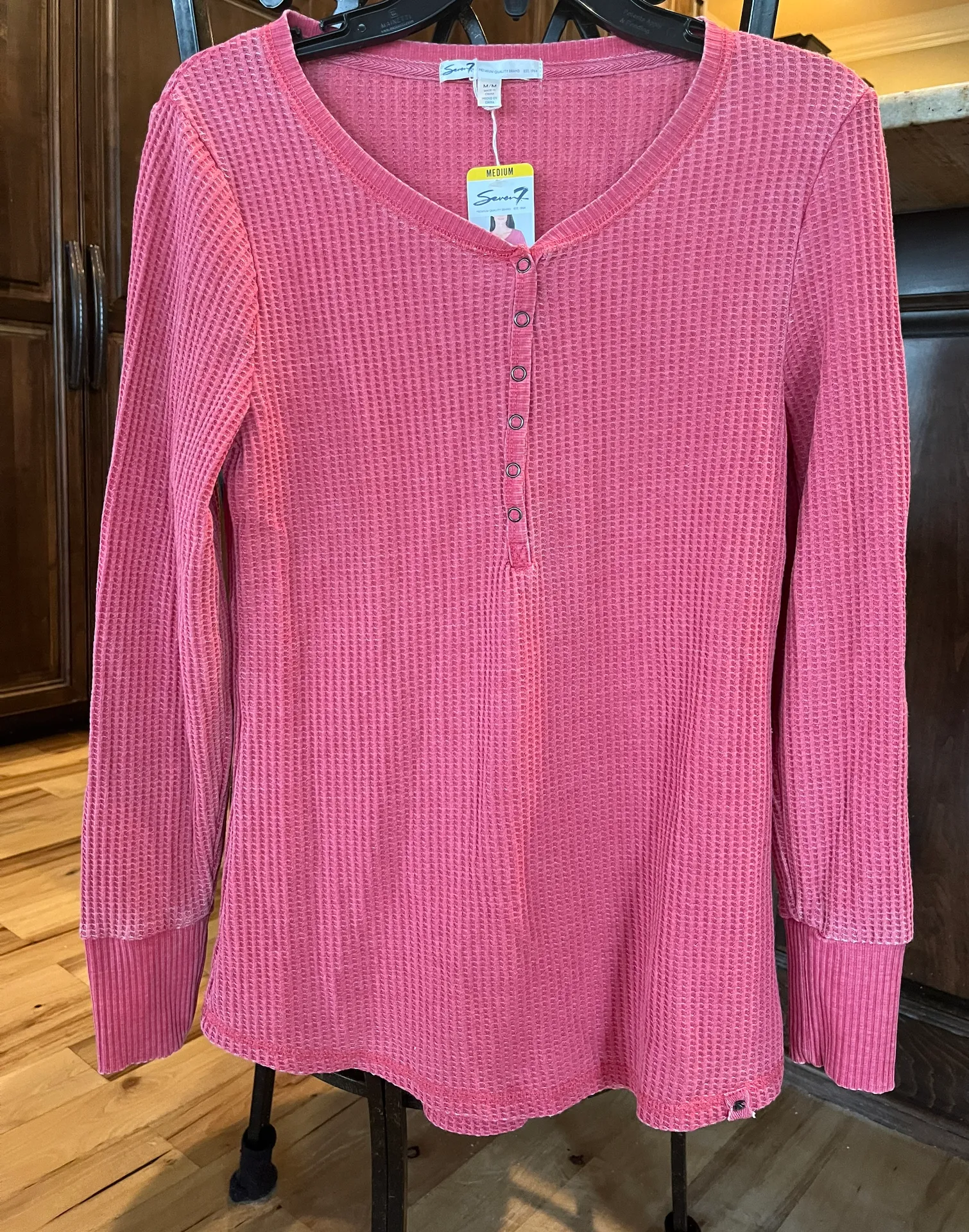 Henley Washed Out Vintage Berry Waffle Shirt Comfy Womens New - Image 12
