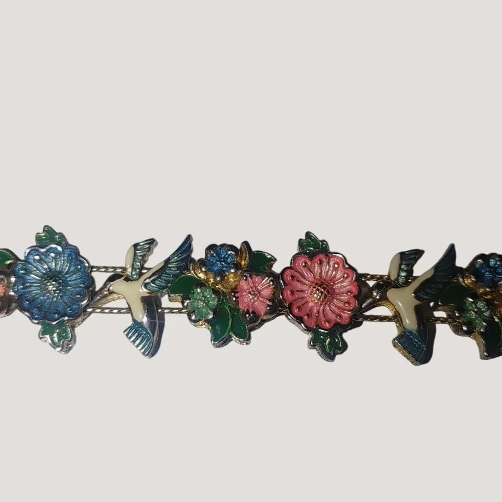 Bracelet Vintage Gold Tone Hummingbird Floral Spring Enamel Link Fold Over Clasp Pink - Image 7