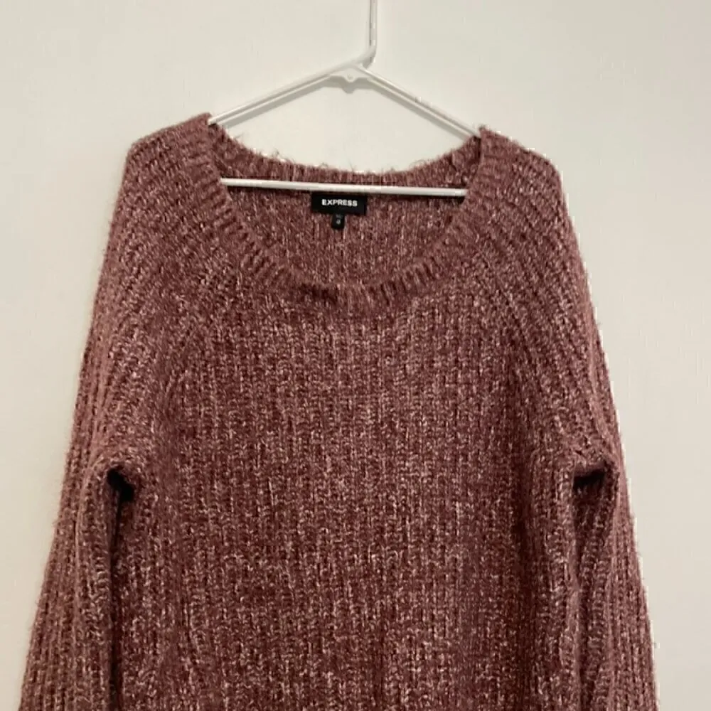 EXPRESS Purple White Marled Fuzzy Chunky Knit Thumbholes Round Neck Sweater XS - Image 3