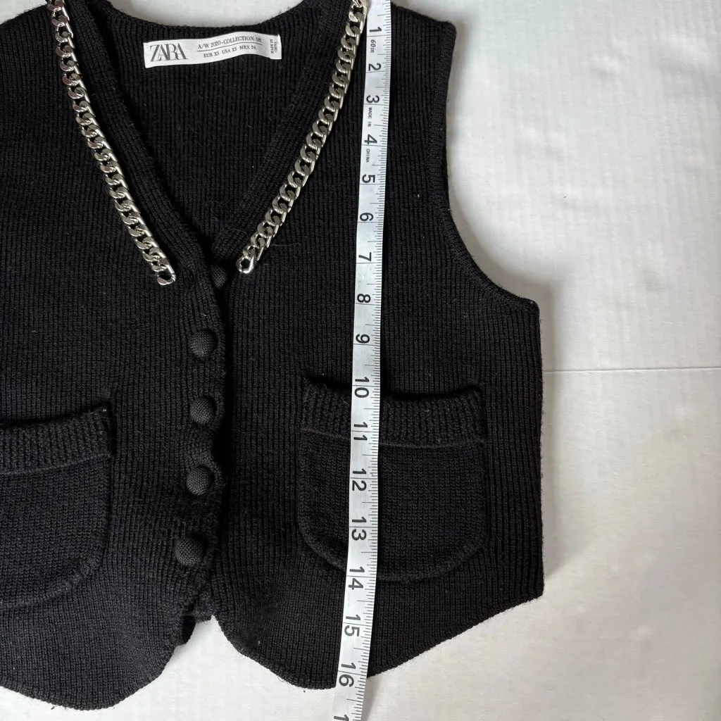 Zara 100% wool chain link neckline knit waist coat vest black XS - Image 9