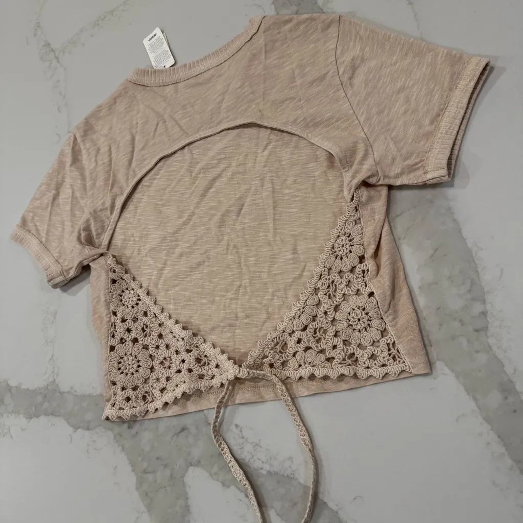 Aerie NWT Summer House Crochet Open Back Baby T-Shirt Women’s Small Sandalwood - Image 9