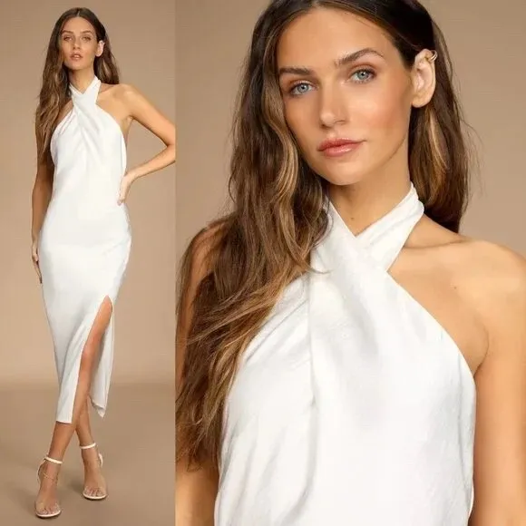 Lulus Beyond Classy White Satin Halter Midi Dress Size M Size M - Image 4