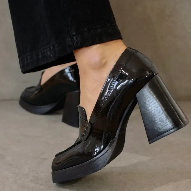 ALOHAS Patent Leather Loafers Women’s Size 9 Black Block Heel Slip-On - Image 2