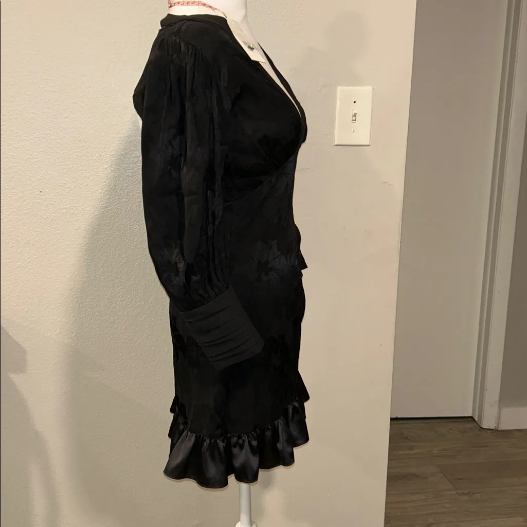 LoveShackFancy Black Jacquard Puff Sleeve Mini Dress XS Satin Ruffle Hem NWT - Image 4