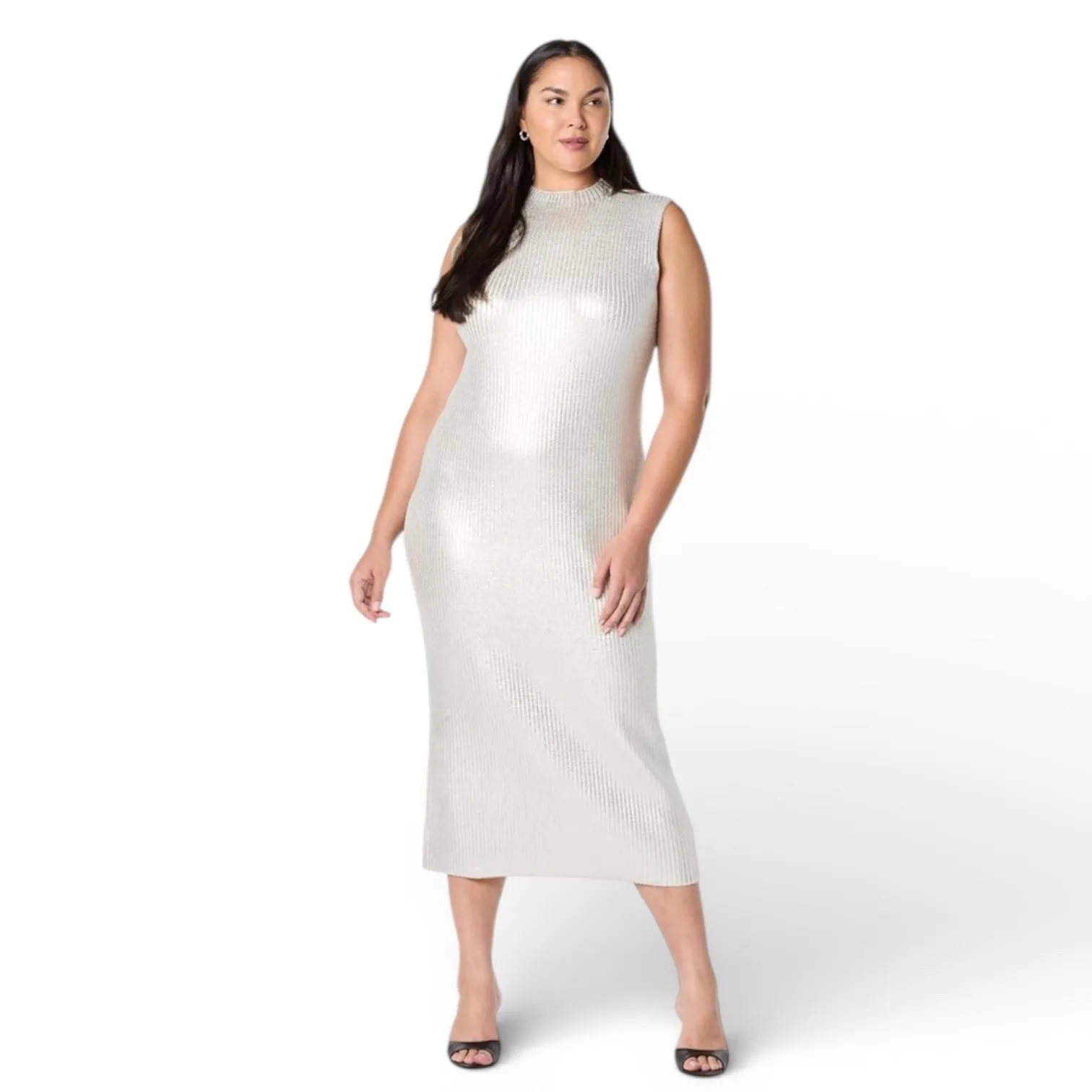 The Drop Jodi HSF Metallic Ribbed Mock Neck Sleeveless Maxi Dress Silver XL - Image 5