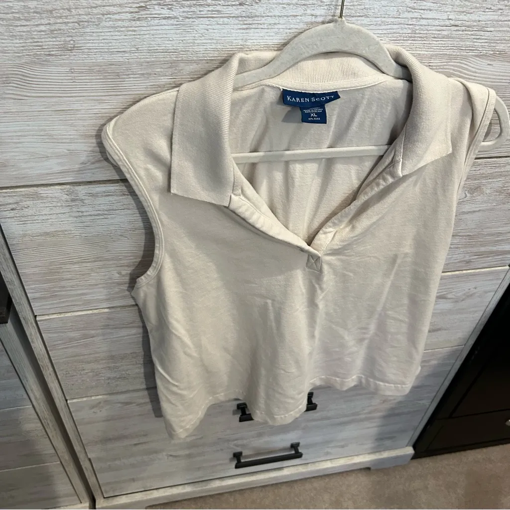 Karen Scott Beige Collared Sleeveless Polo Tank Top Size XL Casual Knit Stretch - Image 2