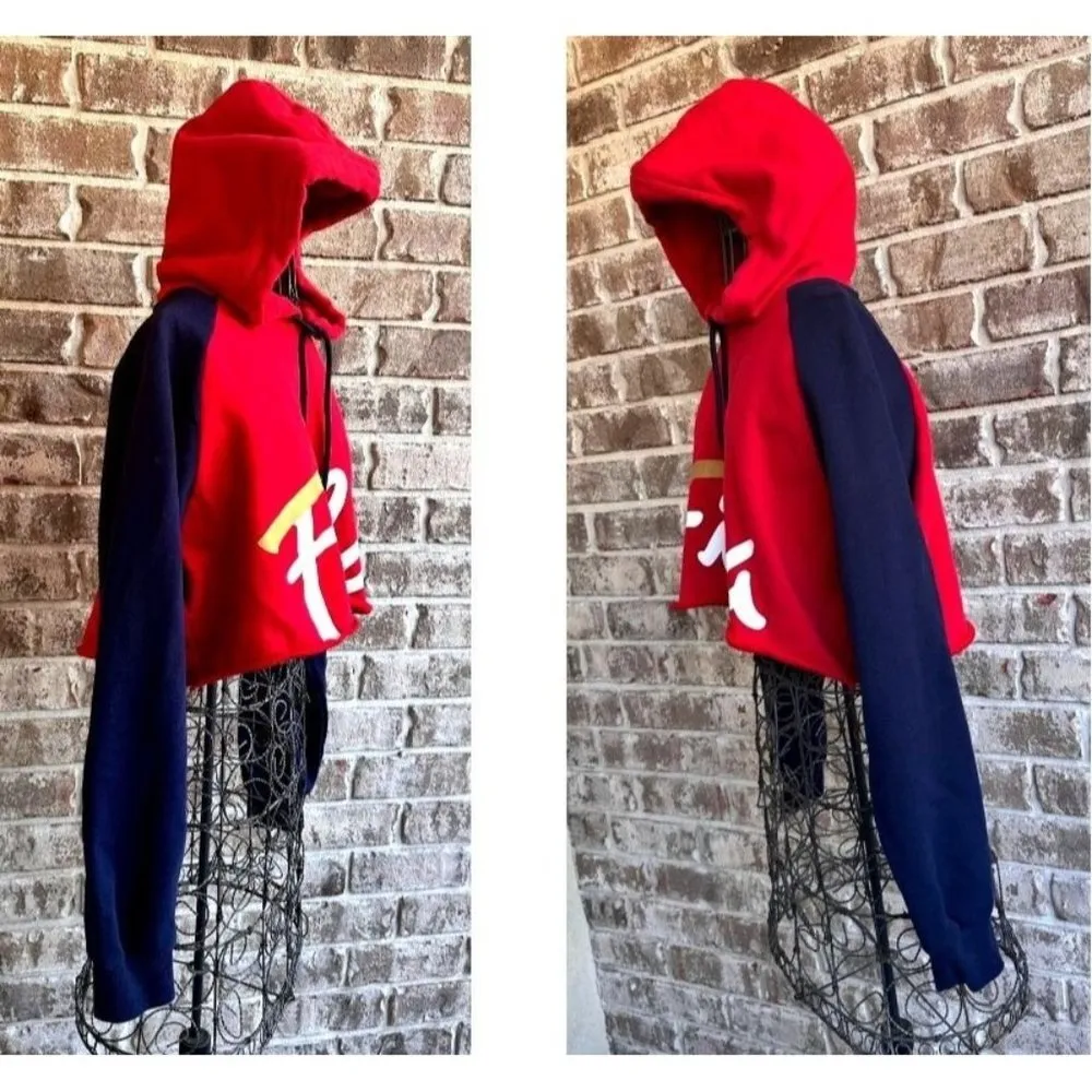 NWOT Fila Cropped Hoodie Large Red Navy Drawstring Logo Fleece Lined Swe… - Image 4