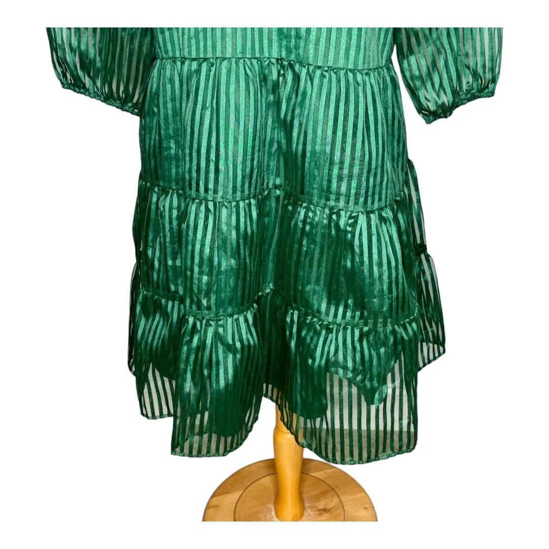 Crown & Ivy Shadow Stripe Tiered Mini Dress‎ Sheer Sleeve Party Green Size Large - Image 9