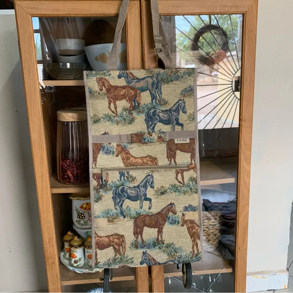 Jade Horse Print Tapestry Rolling Tote Bag Expandable Luggage Bag Folding Wheels Brown - Image 2