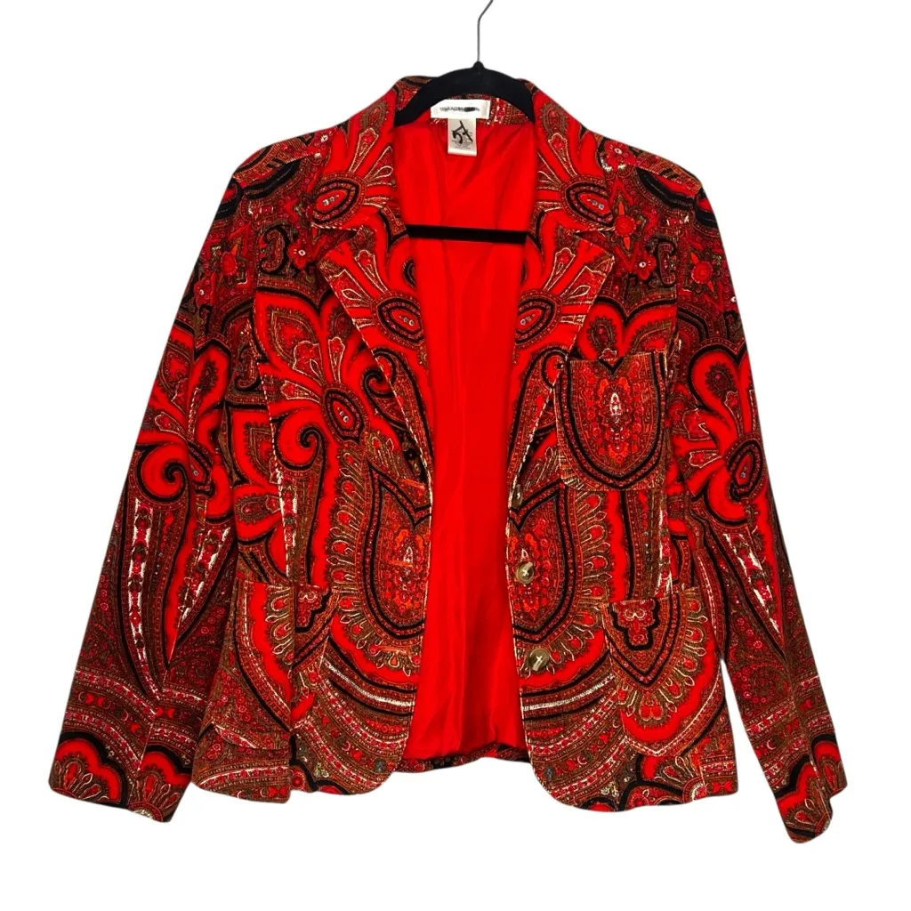 Isaac Mizrahi Target Red Paisley Velvet Blazer Retro Statement Jacket L ChicEdit - Image 2
