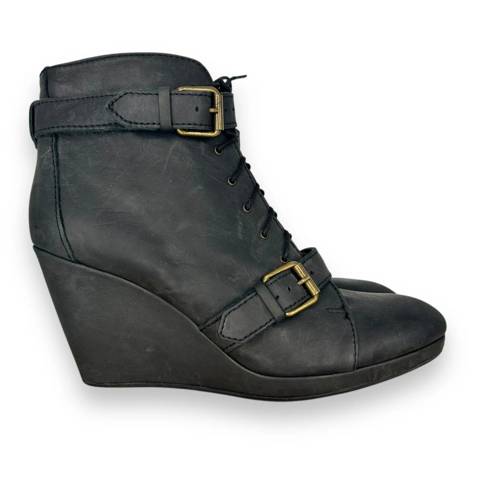 MADEWELL 1937 Wedge Boot Women 10  Black-ish Leather Chukka Buckle 3.5"‎ Heel - Image 12