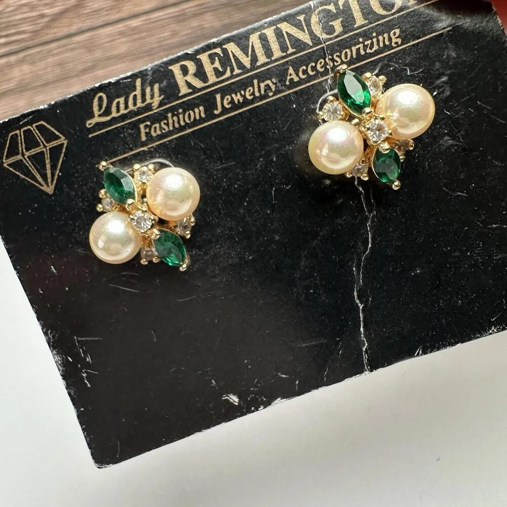 Lady Remington Faux Pearl Green Rhinestone Pierced Stud Earrings Gold Tone - Image 4