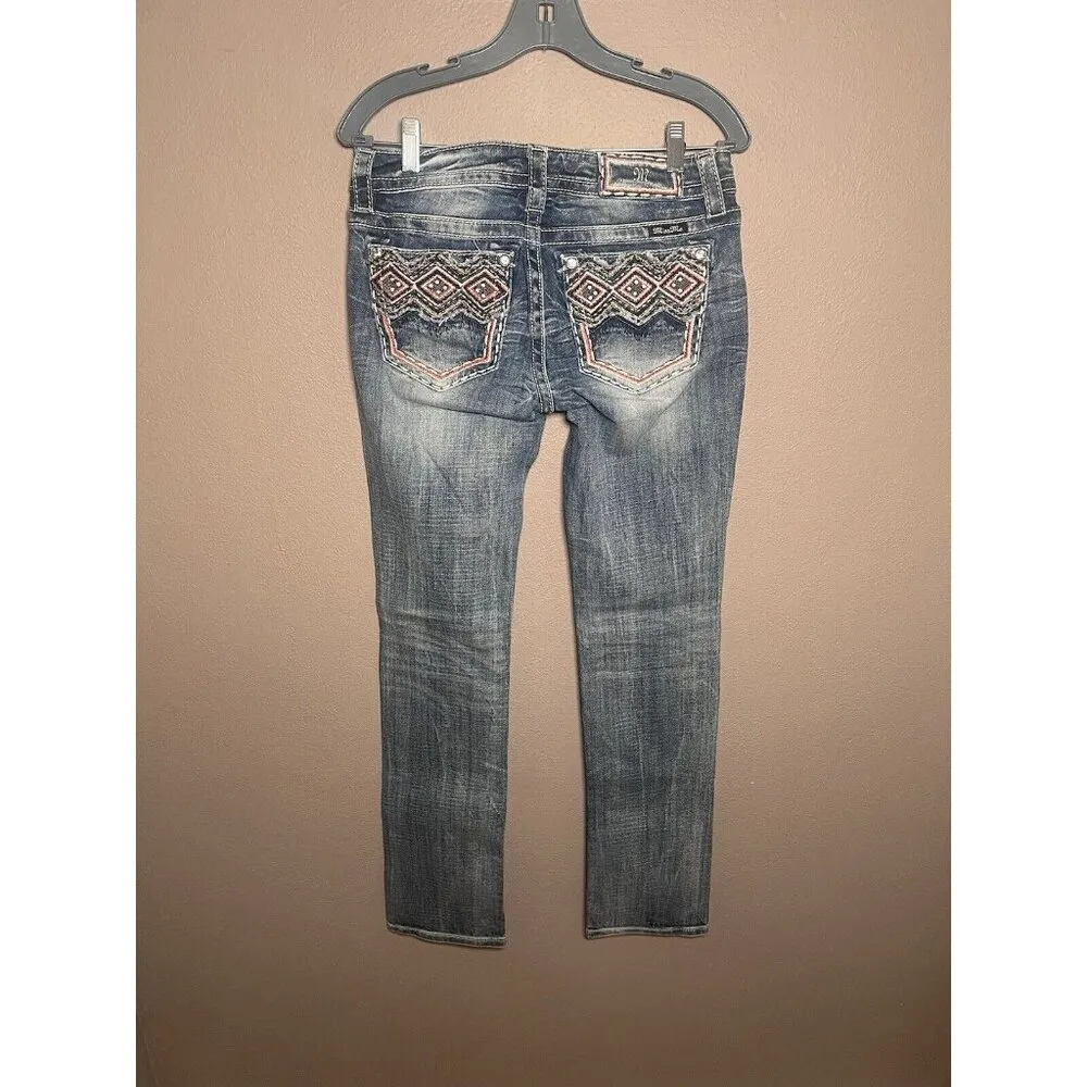MISS ME Jeans Womens 28 30x33.5 Mid Rise Blue Distressed Denim Straight - Image 3