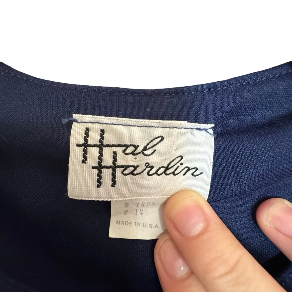 Vintage Hal Hardin Long Sleeve Navy & White Pleated Dress W/ Belt & Gold Buttons Blue Size 14 - Image 5