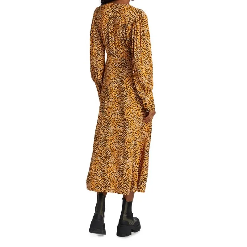 Ganni Leopard Print Plunge Midi Dress Crepe Yellow Animal Print Long Sleeve - Image 13