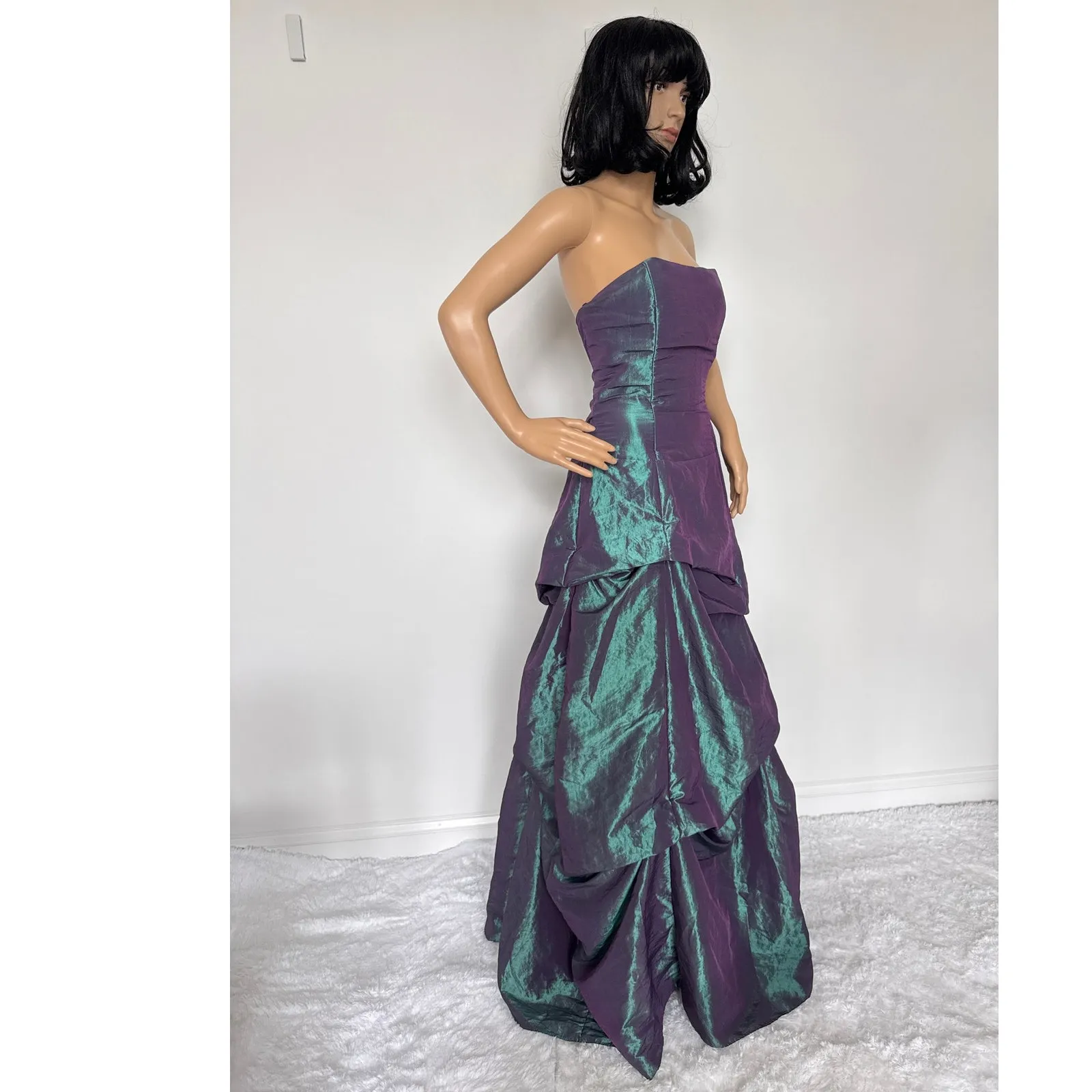 Vintage 80's F.I.E.S.T.A. iridescent teal taffeta draping strapless gown Medium - Image 8